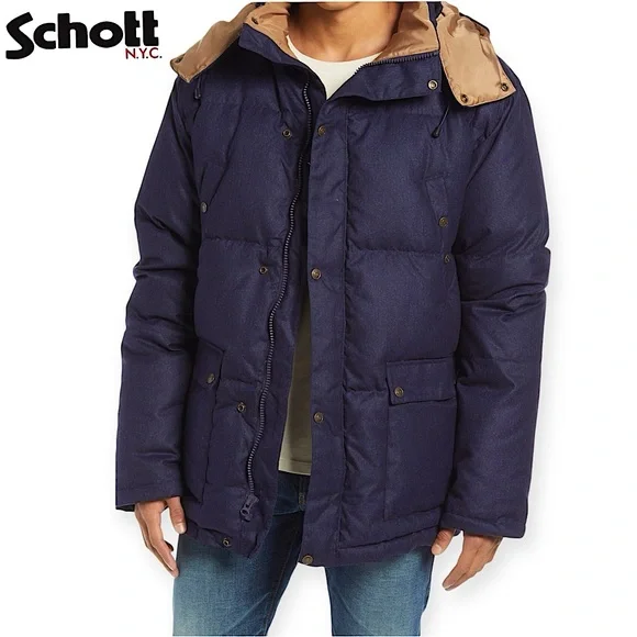 Schott NYC Down Filled Hooded Puffer Parka Jacket Men's Navy Size 3XL 9040D - Picture 1 of 16